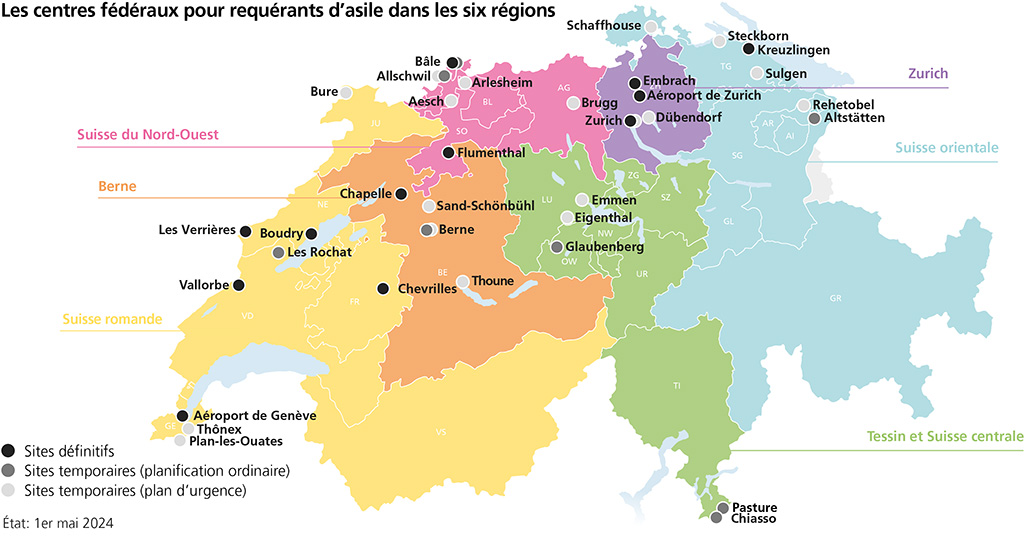Carte de la Suisse avec les centres fédéraux pour requérants d’asile dans les six régions